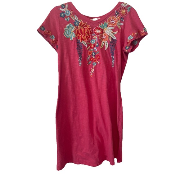 Caite Dress Women's Sz M Red Embroidered Floral Short Sleeves USA Made‎ - Picture 1 of 6